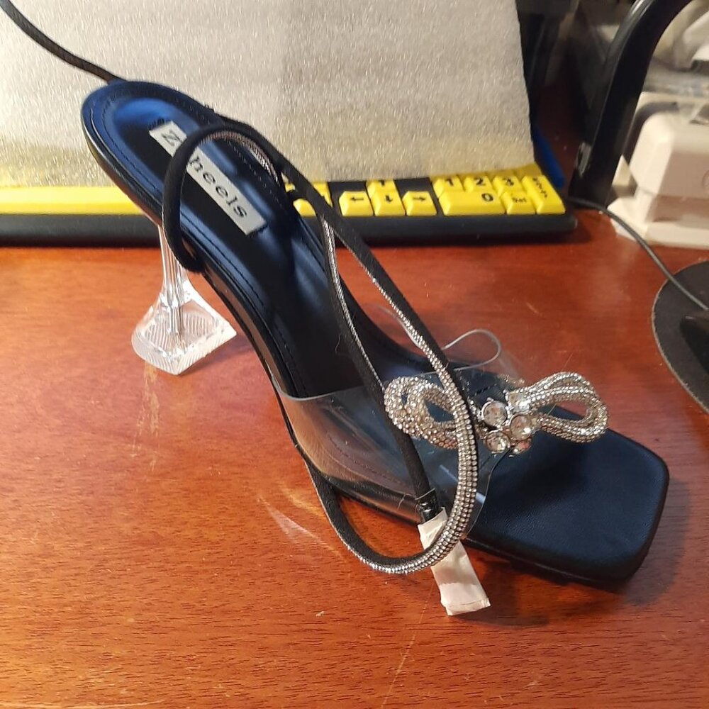 NEW ! Zzheels Double Bowknots Crystal Sandal Clear Heel Square Toe Black Size 11